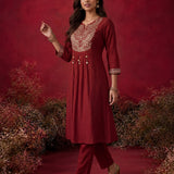 Red Embroidered Cotton Blend Kurta Set