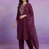 Wine Embroidered Straight Suit Set with Dupatta