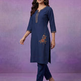 Blue Cotton Blend Embroidered Kurta Set
