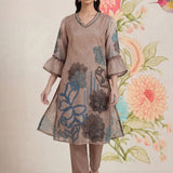 Anvi Beige Floral Printed Organza Suit Set with Dupatta