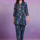 Blue Cotton Blend Printed Sequin Co-ord Set