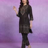 Black Pure Cotton Bandhani Print Straight Kurta with Mirror Embroidery & Palazzo Set