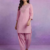 Pink Embroidered Cotton blend Kurta Set