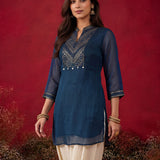 Dark Teal Embroidered Chinon Tunic