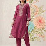 Saroja Dark Fuchsia Embroidered A-line Kurta Set