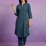 Teal Applique-work Kurta Set