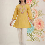 Yellow Phool Collection Kurti With Multi-Colour Embroidery
