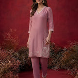 Iris Pink Embroidered Rayon Co-ord Set for Women