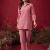 Peach Embroidered Cotton Blend Regular Co-ord Set