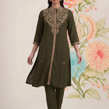 Olive Kurta Set With Intricate Embroidery