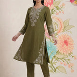 Sarina Olive Embroidered Cotton Co-ord Set for Women