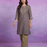 Lavender Floral Embroidered Straight Kurti