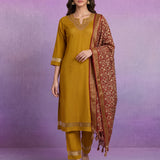 Mustard Embroidered Suit Set with contrast Dupatta
