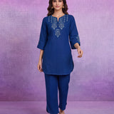 Royal Blue Floral Embroidered Co-ord Set