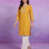 Yellow Floral Embroidered Straight Kurti
