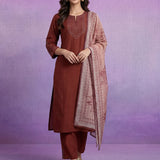 Rust Silk Embroidered A-Line kurta set with Dupatta