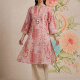 Rysa Light Pink Printed Linen A-line Kurta for Women