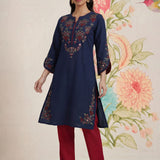 Zahra Royal Blue Embroidered Cotton Slub Kurti for Women