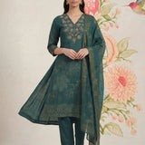 Kasni Teal Printed Suit Set with Dupatta