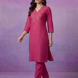 Fuchsia Cotton Blend Embroidered Kurta Set