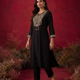 Black Embroidered Cotton Blend Kurta Set