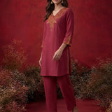 Fuchsia Embroidered Cotton Blend Regular Kurta Set