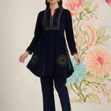 Firdaus Navy Embroidered Velvet Co-ord Set for Women