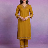 Mustard Embroidered Suit Set with contrast Dupatta