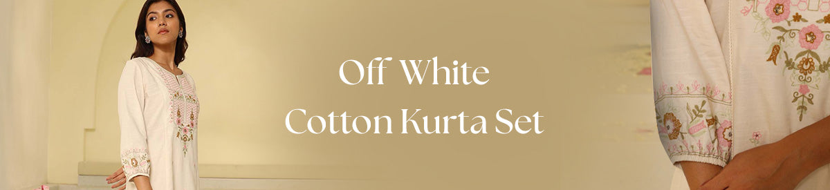 Lakshita brings its Off-white Cotton Kurta Sets to life through the vibrant banner visual 
