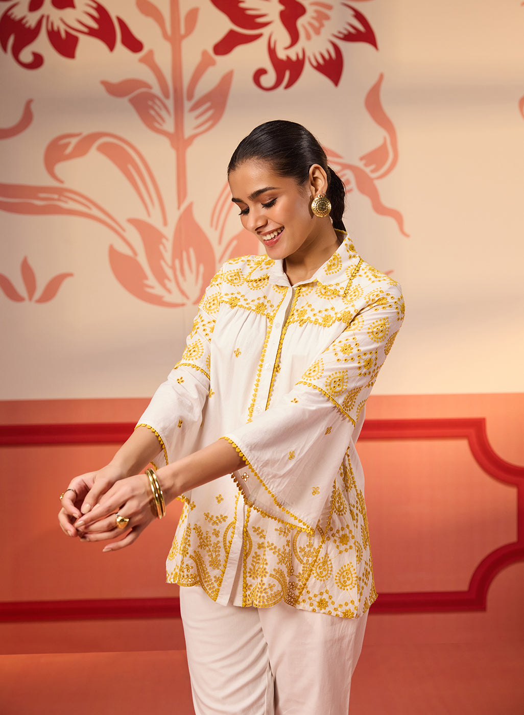 Masakali Ivory with Yellow Embroidered Schiffli Shirt for Women
