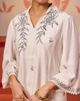 Niya Ivory Embroidered Cotton Linen Slub Long Top for Women