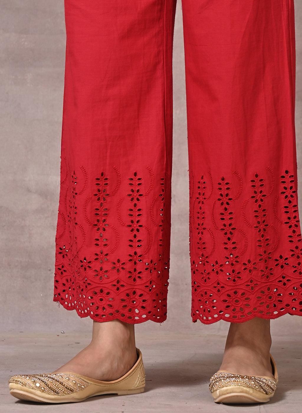 Ruby-Red Palazzos With Patterns On The Hems - Lakshita