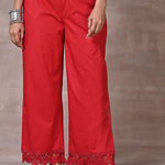Red Flared Palazzo with Hem Cut Work - Lakshita