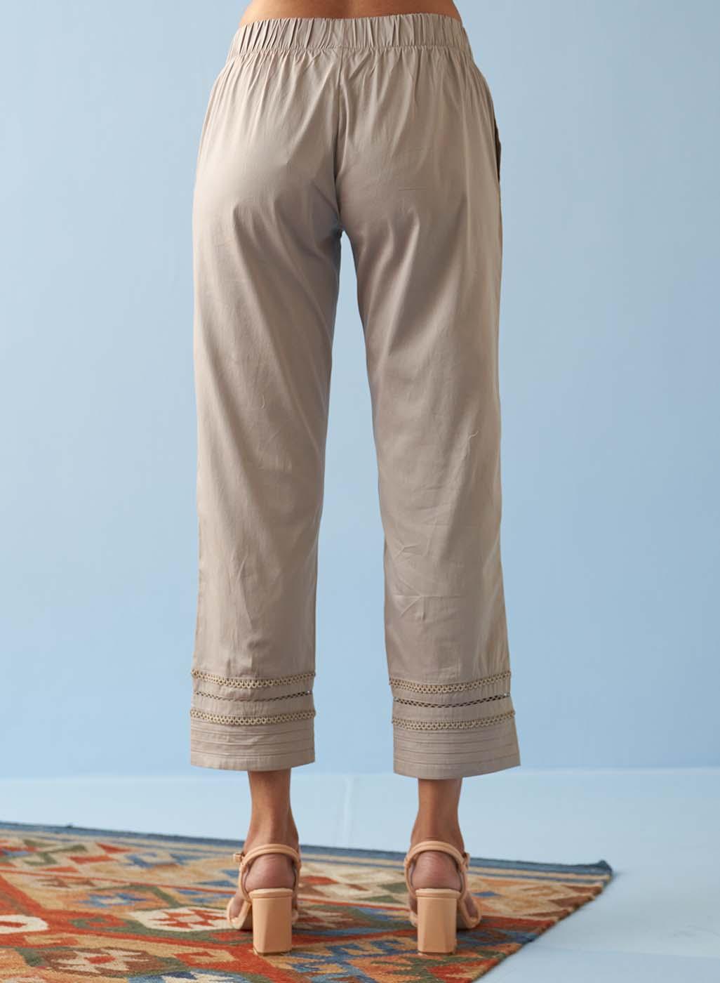 Grey Straight Fit Pants with Decorative Lace Work - Lakshita