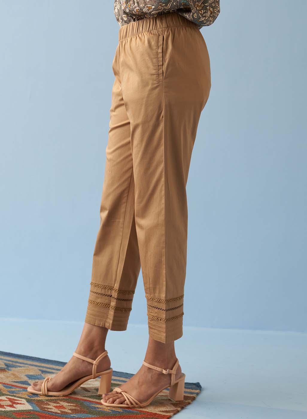 Gold Straight Fit Pants with Decorative Lace Work - Lakshita