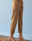 Gold Straight Fit Pants with Decorative Lace Work - Lakshita