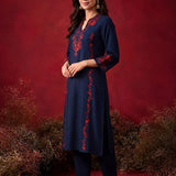 Navy Blue Embroidered Cotton Blend Everyday Kurta
