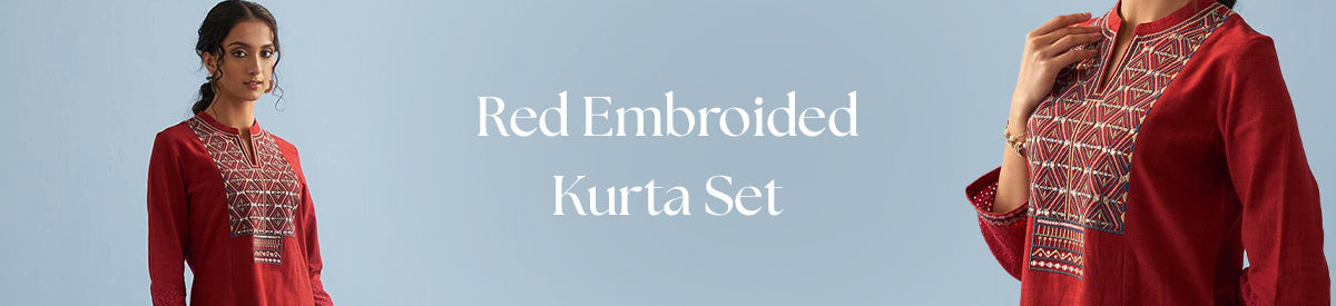 The banner showcases the elegance of Lakshita’s Red Embroidered Kurta Set range