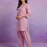 Pink Embroidered Cotton blend Kurta Set