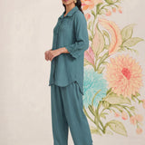 Zoa Teal Monochrome Embroidered Co-ord Set