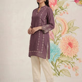 Akshi Purple Embroidered A-line Linen-blend Tunic