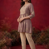 Zari Lavender Mirror Work Cotton Kurta Set