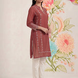 Akshi Red Embroidered A-line Linen-blend Tunic