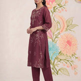 Jogan Maroon Embroidered Chanderi Kurta Set