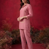 Peach Embroidered Cotton Blend Regular Co-ord Set