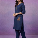 Blue Cotton Blend Embroidered Kurta Set