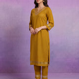 Mustard Embroidered Suit Set with contrast Dupatta