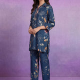 Blue Cotton Blend Printed Sequin Co-ord Set