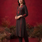 Brown Embroidered Cotton Blend Everyday Kurta