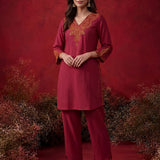 Fuchsia Embroidered Cotton Blend Regular Kurta Set